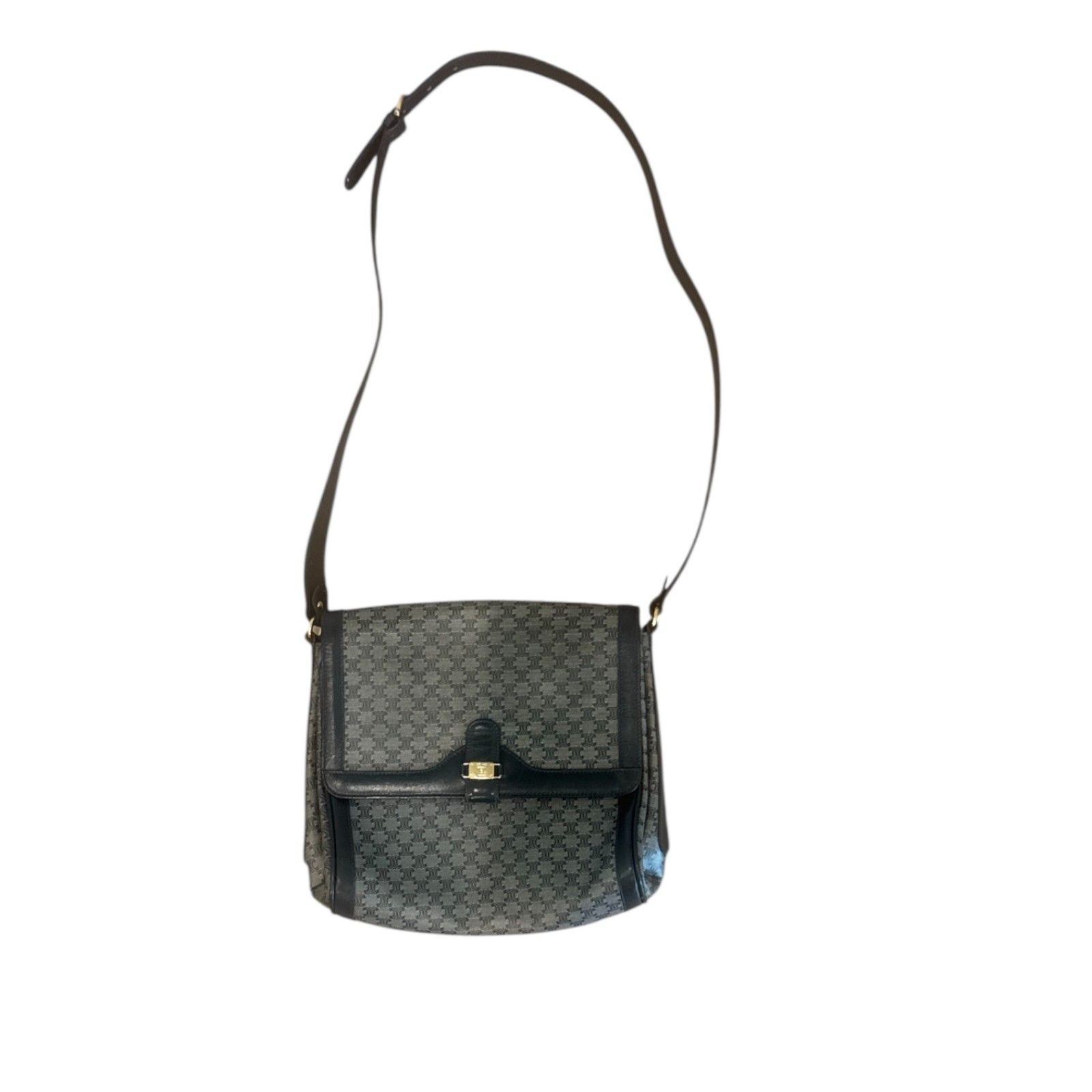 Celine Vintage Macadam Shoulder Bag Navy Logo Leather Crossbody Rare Authentic